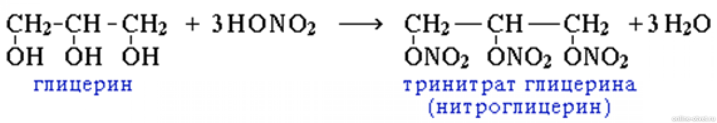 Этанол и азотистая кислота. Глицерин нитроглицерин реакция. Реакция получения нитроглицерина из глицерина. Образование сложного эфира с азотной кислотой. Тринитрат глицерина формула.