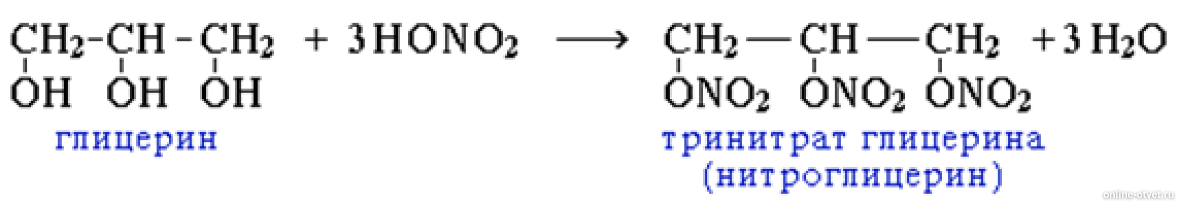 Глицерин ответ 2. Реакция получения нитроглицерина из глицерина. Уравнение получения нитроглицерина из глицерина. Реакция получения тринитрат глицерина. Образование тринитрата глицерина.