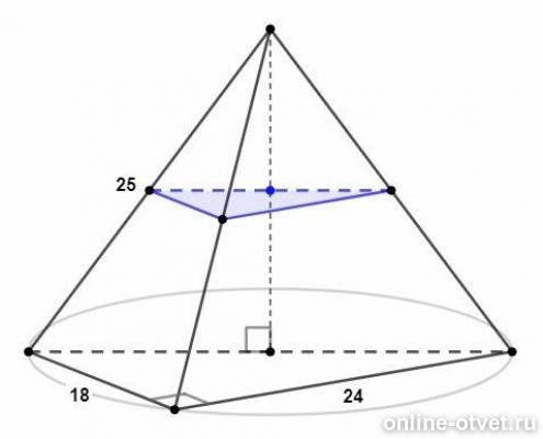 Сечение параллельное стороне пирамиды. Сечение параллельное основанию пирамиды. Сечение пирамиды параллельно основанию. Высота пирамиды делит высоту основания пополам. Пирамида с сечением делящим высоту.