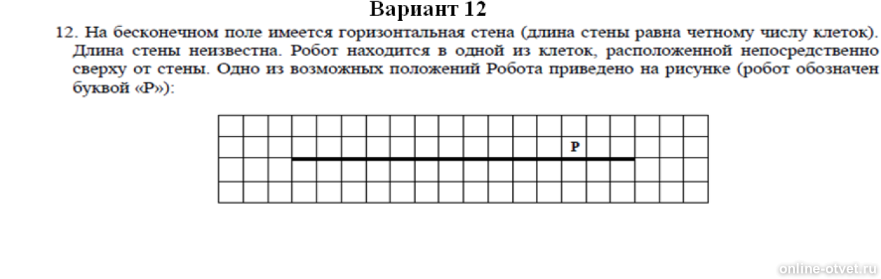 На бесконечном поле есть горизонтальная стена. На бесконечном клетчатом поле имеется горизонтальная стена. Робот находится в середине горизонтальной стены.. Бесконечное клетчатое поле.