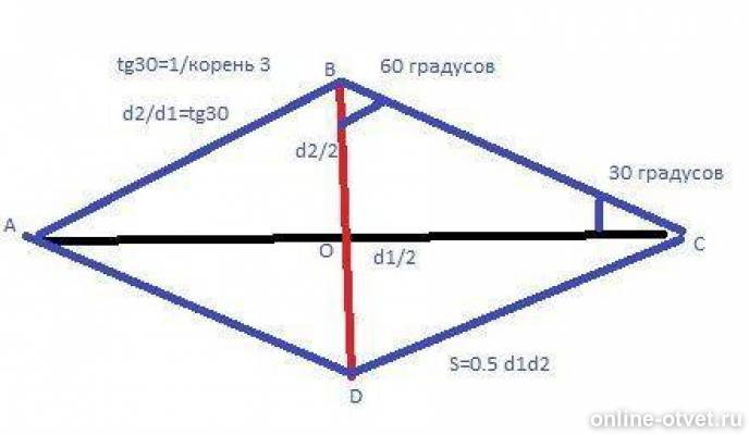 Корень 38 равен. Угол лежащий напротив диагонали. Угол лежащий напротив диагонали ромба. Площадь ромба 1/2 d1 d2. Сторона ромба равна 38.